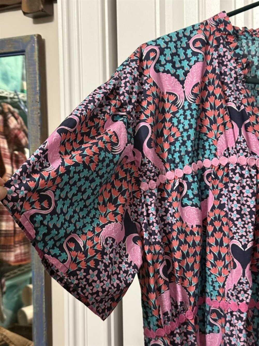 Simply Southern Blouse Pink Flamingo Ruffle Ric Rac Womens Large Flowy Tropical - Picture 4 of 10